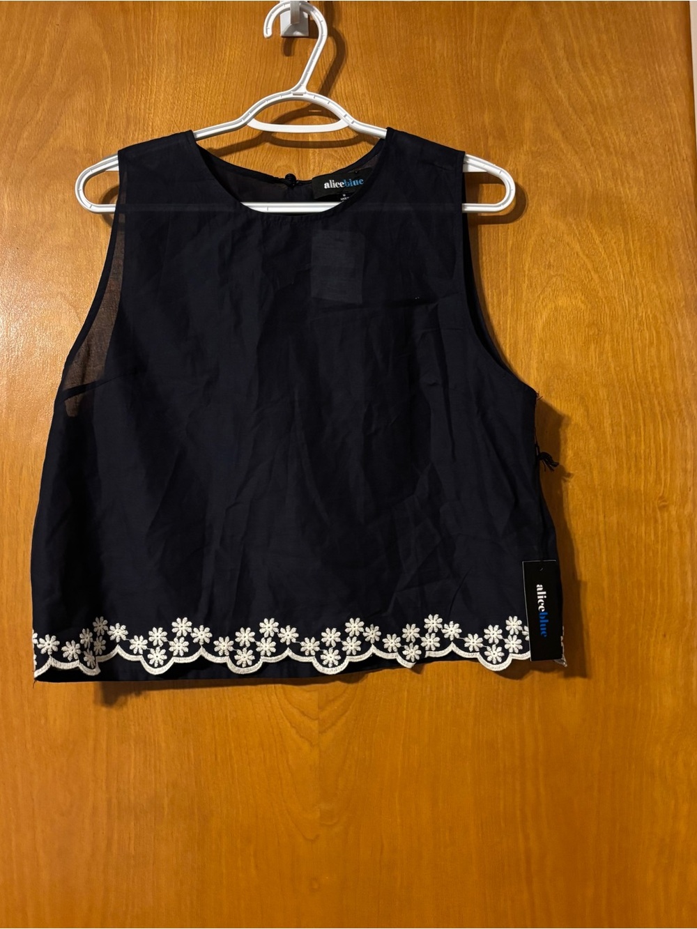 Alice Blue Black Sleeveless Crop Top with White Floral Hem